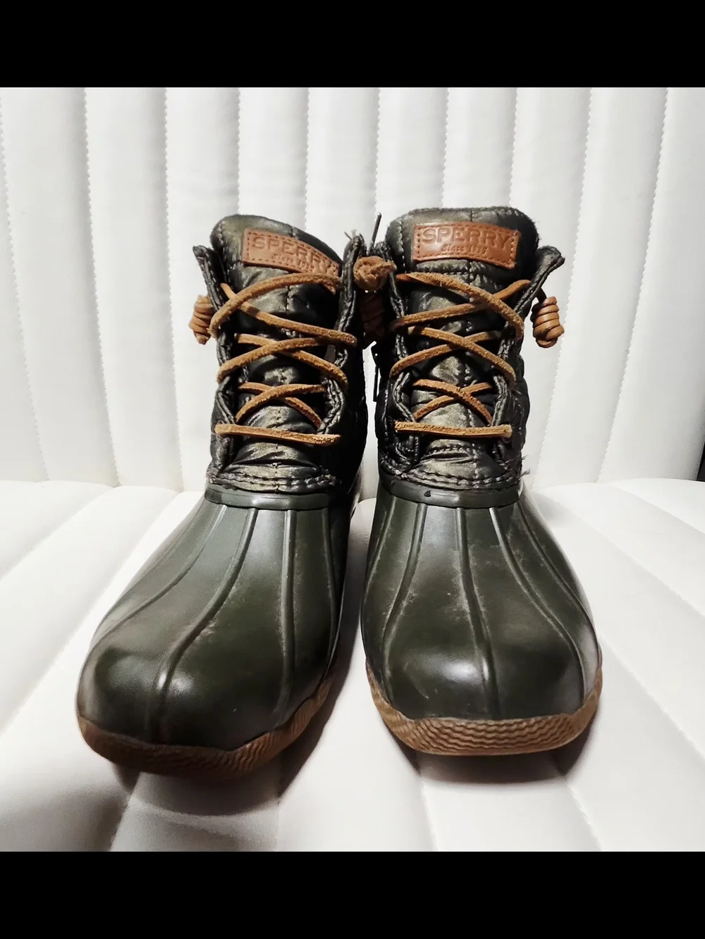 Sperry Saltwater Duck Boots in Olive and Brown